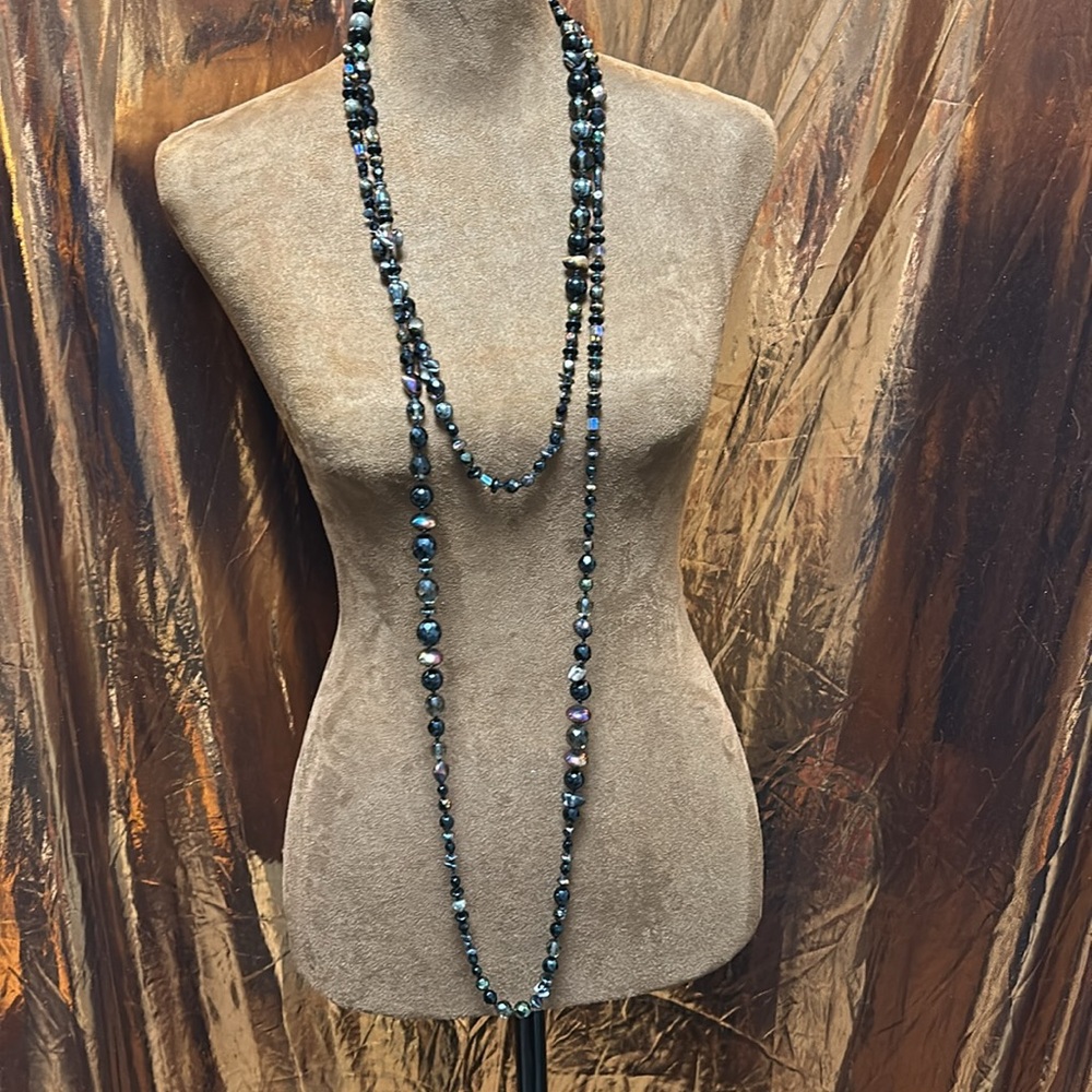 Crystal glass, multi beads, long, strand, neck necklace